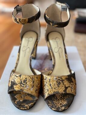 Jessica Simpson Gold and Black Floral Brocade Ankle-Strap Heels